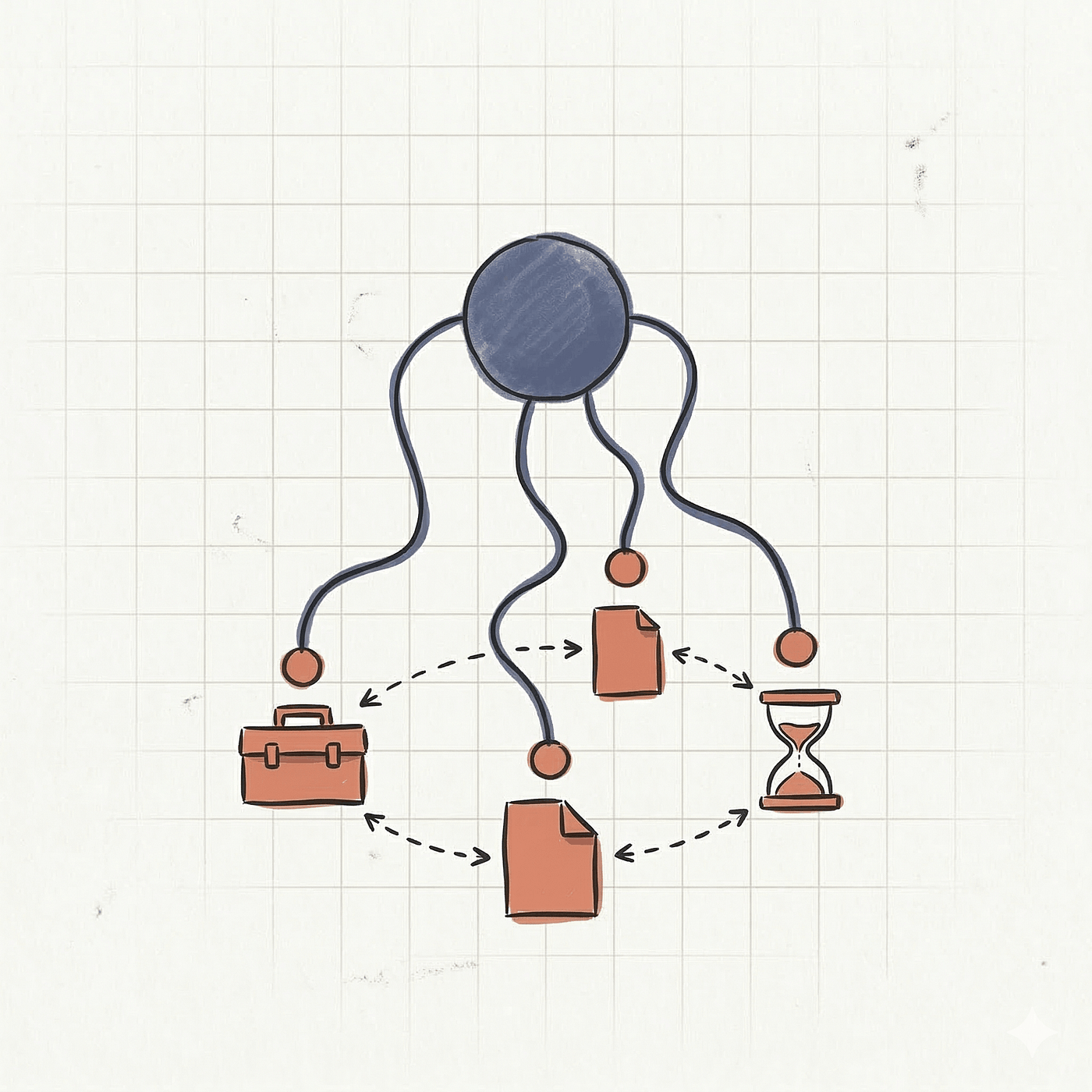 An agent orchestrating tools and tasks — fanning out to a toolset, documents, and long-running work, then looping the results back