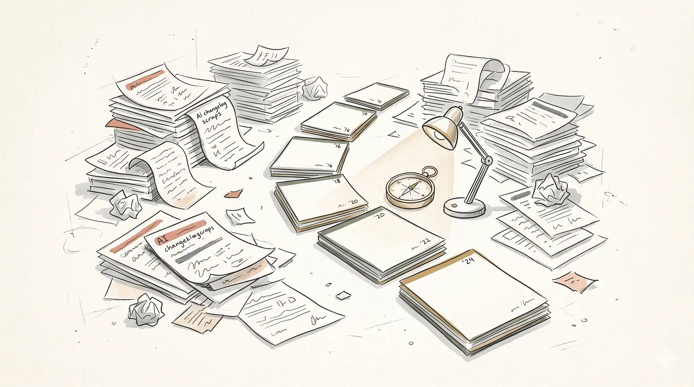 A desk buried in changelog scraps and dated notes under a lamp, a compass at the center — finding direction in the mess is exactly what evals are for