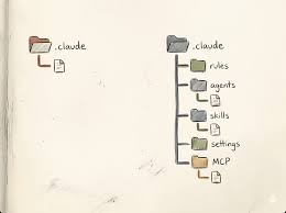 A hand-drawn .claude folder tree: rules, agents, skills, settings, MCP
