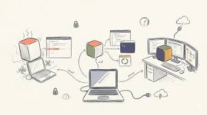 Several machines and tools — a database, a browser, a cloud — wired together into one loop